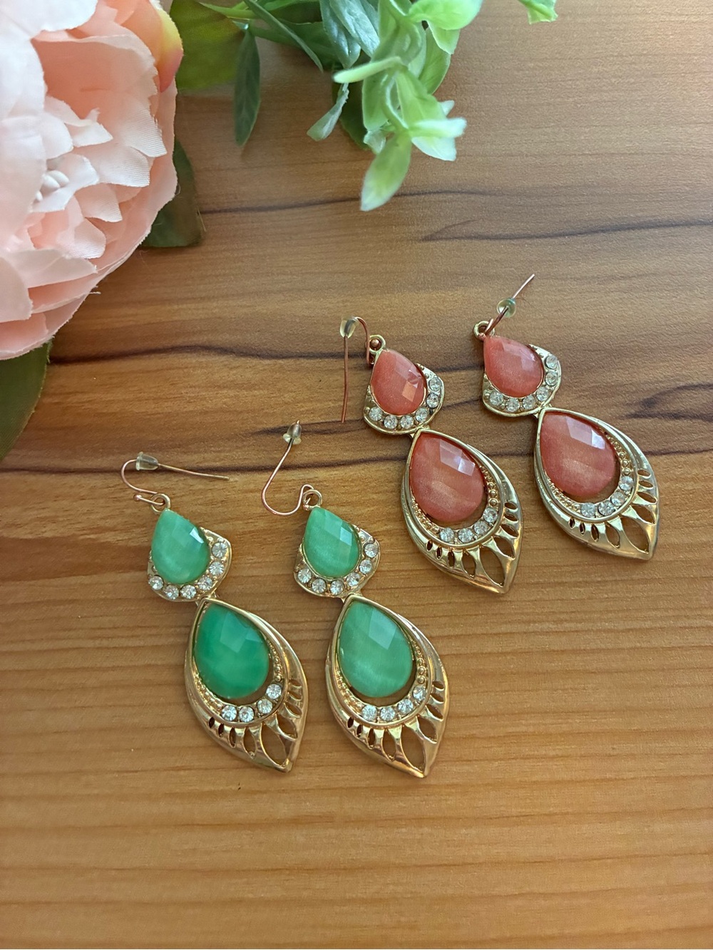 Elegant Teardrop Dangle Earrings with Crystal Accents - Green and Coral
